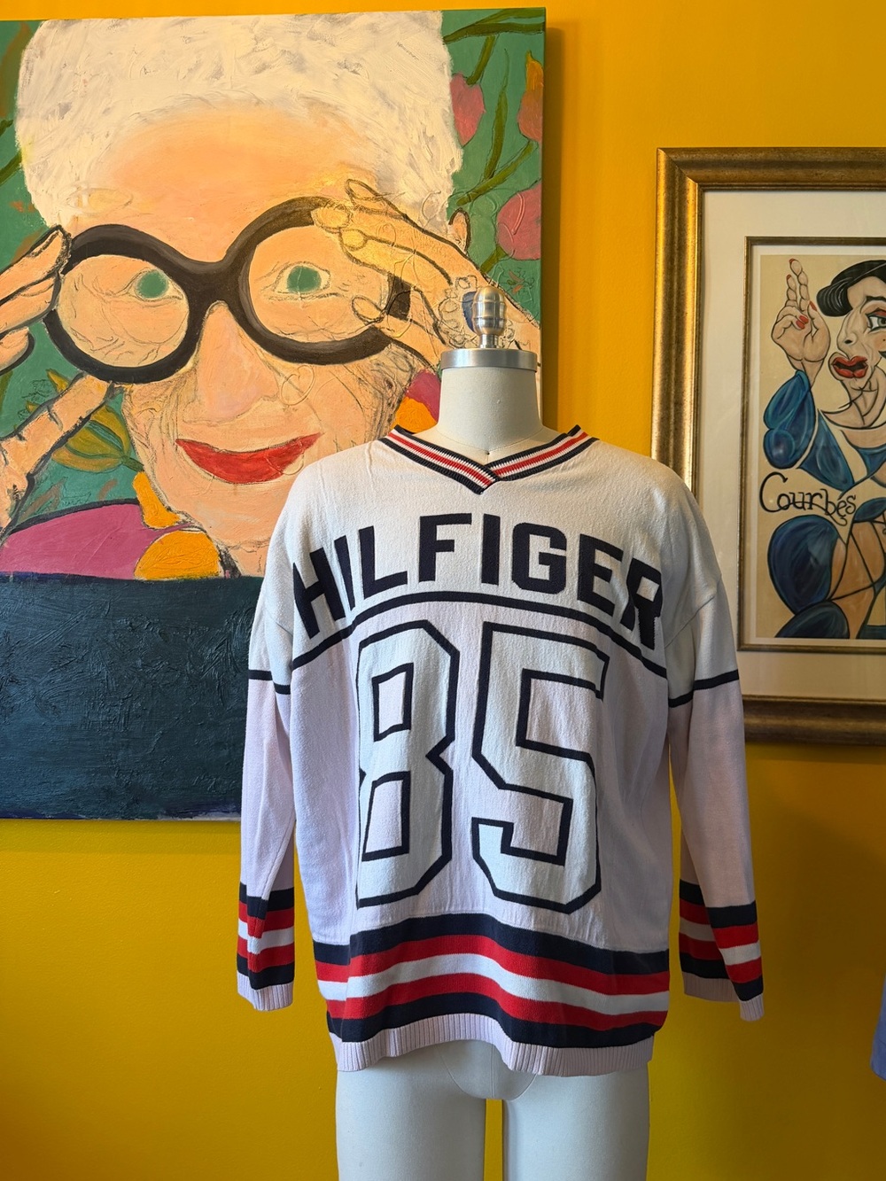 Tommy Hilfiger White Knit '85' Varsity Sweater with Red & Navy Stripes